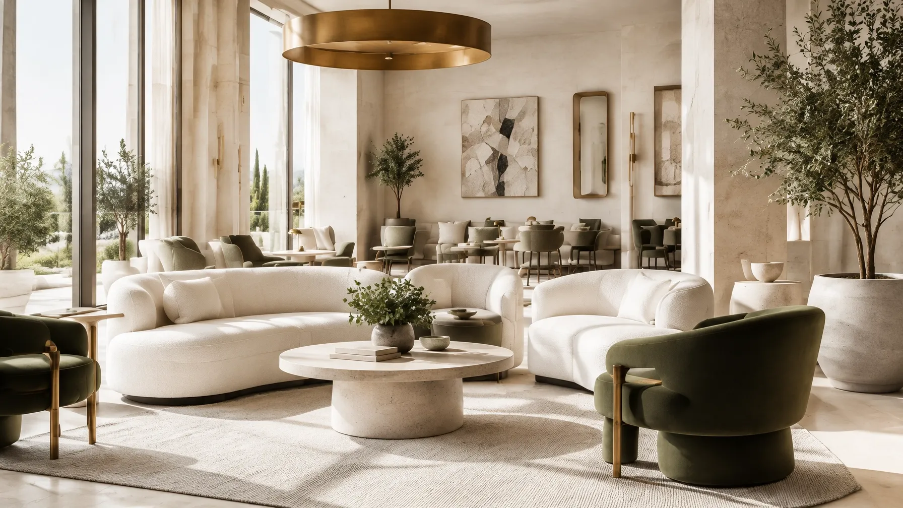 Light-filled contemporary hospitality lounge with curated furnishings